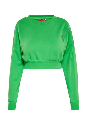 Lysegrøn cropped sweatshirt med lange ærmer, ribkant ved ærmer og bund samt lynlåslomme på den øverste venstre ærme.