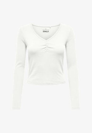 Witte, lange mouwen, cropped top met V-hals en center ruching detail, gemaakt van geribbeld stof, maat small.
