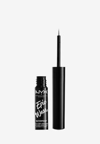 Svart flytande eyeliner i en cylindrisk tub med en spetsig applicerare. Etiketten visar "NYX Epic Wear Waterproof." Snygg, matt yta.