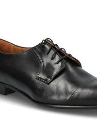 Chaussure habillée en cuir noir avec une finition lisse, bout arrondi, design à lacets et détails de couture minimalistes. Semelle en caoutchouc noir uni.