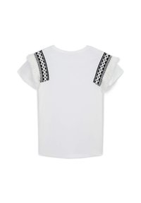 T-shirt bianca con maniche corte e accenti in pizzo all'uncinetto black and white sulle spalle, e una texture morbida e liscia.