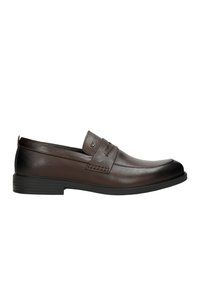 Brown leather loafers featuring a stitched design, smooth texture, and a low rubber sole with a slight heel. No visible hardware accents.
