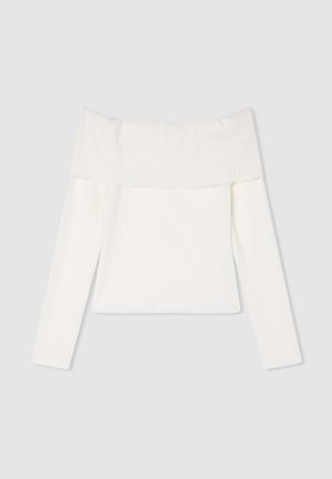 Top bianco fuori spalla realizzato in tessuto ribbed, con maniche lunghe e una forma aderente. Texture liscia con un design semplice.