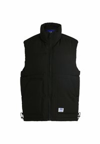 Padded black vest with high collar, front zipper, and two large pockets. Features adjustable drawstring at the bottom. Smooth texture.