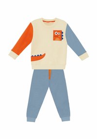 Sweatshirt en broekset; sweatshirt crème met oranje en blauwe accenten, met dinosaurusthema; broek poederblauw met een tailleband met trekkoord.