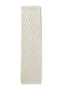 Sciarpa lavorata a maglia di colore crema con un motivo a diamante. Il materiale è morbido e presenta un orlo a coste a un'estremità.
