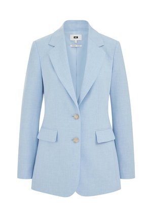 Hele sinine naiste bleiser nothlappide, kahe beežikujulise nööbi ja eessete klapist taskutega, valgel taustal eksponeeritud.