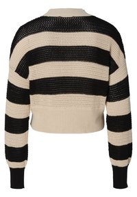 Zwarte en beige gestreepte gebreide trui met lange mouwen en ribgebreide manchetten en zoom, getoond vanaf de achterkant.