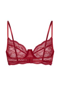 Rode kanten beha met doorzichtig mesh-ontwerp, verstelbare dunne bandjes, bloemmotief en haak-en-oogsluiting aan de achterkant.