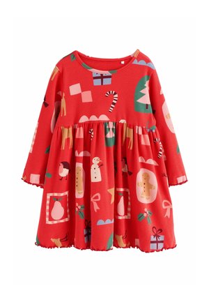 Rotes Langarmkleid mit einem weit schwingenden Rock, das mit festlichen Mustern in Grün, Weiß und Pink dekoriert ist, einer gerippten Textur und einem gewellten Saum.
