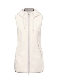 Witte mouwloze vest gemaakt van textuur fleece met een capuchon, voorzien van een ritssluiting aan de voorkant en twee zijzakken. Accenten in lichtgrijs.