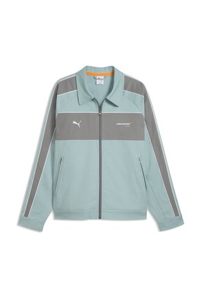 Giacca da corsa con cerniera azzurro chiaro e grigia con loghi Puma e McLaren Racing, maniche lunghe e tasche laterali con cerniera.
