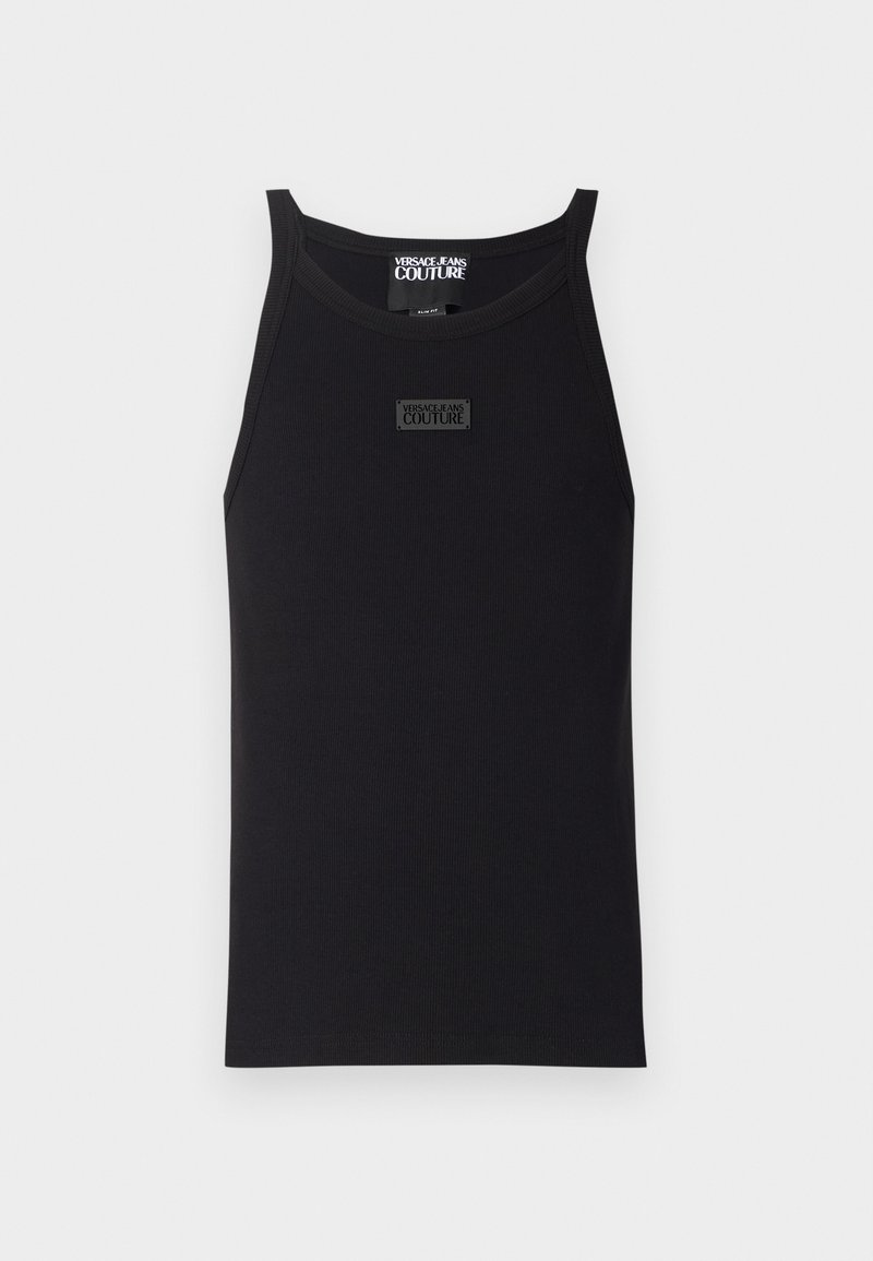 Schwarzfarbener Tanktop aus geripptem Stoff. Verfügt über einen runden Halsausschnitt und ein zentrales Logopatch. Minimalistisches Design ohne zusätzliche Muster.