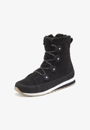 Black suede ankle boot with faux fur trim, featuring silver eyelets, black laces, and a white midsole with a textured rubber outsole.