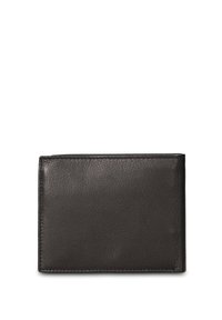 Portafoglio nero in pelle con una texture liscia e un design semplice e rettangolare. Presenta bordi cuciti e un profilo piatto. Nessuna ferramenta visibile.