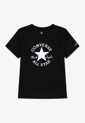Black cotton t-shirt featuring a white graphic logo of a star and the text "CONVERSE Chuck Taylor ALL STAR" in a circular design.