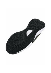 Black rubber shoe sole with intricate textured patterns, featuring a white accent on the side and a logo detail embedded in the design.