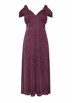 Vestido midi burdeos con diseño de hombros al aire, fabricado con tejido brillante, un corpiño ajustado y una falda fluida.