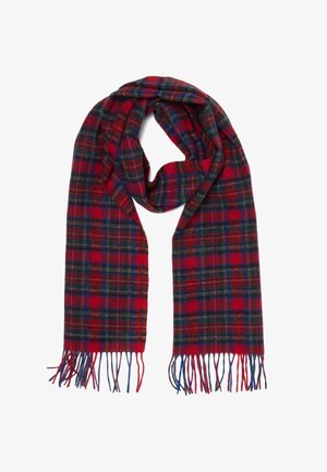 Sciarpa a quadri rossa e blu realizzata in tessuto morbido con bordi frangiati, caratterizzata da un motivo a quadri in toni vari di rosso, verde e blu.