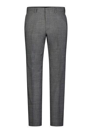 Graue maßgeschneiderte Hose aus strukturiertem Material, mit geradem Bein, flachem Vorderteil und zwei Seitentaschen.