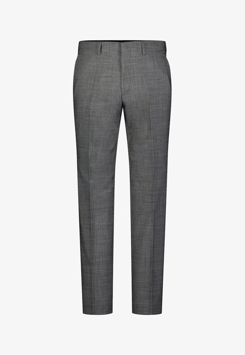 Graue maßgeschneiderte Hose aus strukturiertem Material, mit geradem Bein, flachem Vorderteil und zwei Seitentaschen.
