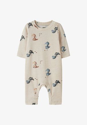 Combinaison beige pour bébé à manches longues, fermeture pression aux jambes, avec un motif de petits dinosaures dessinés en bleu et marron.