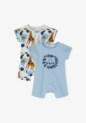 Kaks beebirõivast: üks helesinine lõviga graafika, teine tindiga siniste, pruunide ja kreemjate loomadega. Puuvillane kangas, lühikesed varrukad.