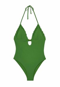 Zeleni kupaći kostim s trokutastim uzorkom, vezanjem oko vrata, izrezom u struku i okruglim detaljima sa strane. Glatka tekstura.