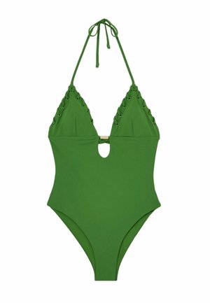 Costume da bagno verde con design triangolare, spalline a cravatta al collo, dettagli a taglio in vita e accenti ad anello sui lati. Texture liscia.