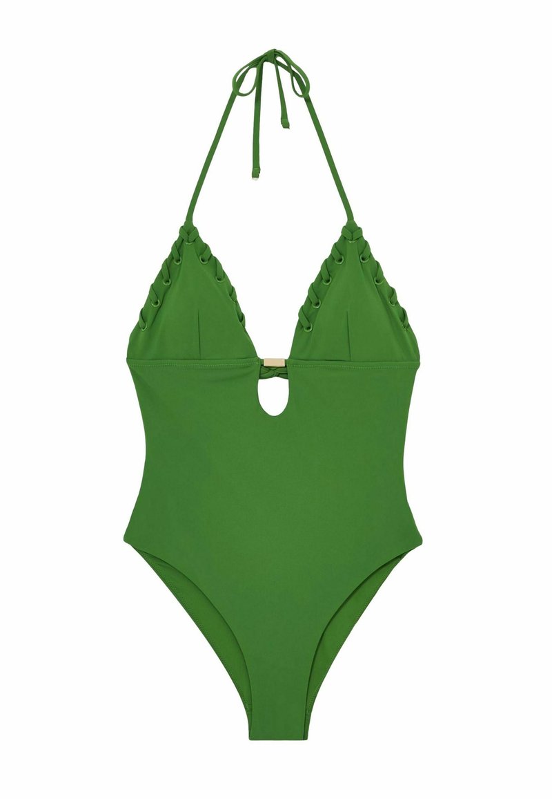 Zeleni kupaći kostim s trokutastim uzorkom, vezanjem oko vrata, izrezom u struku i okruglim detaljima sa strane. Glatka tekstura.