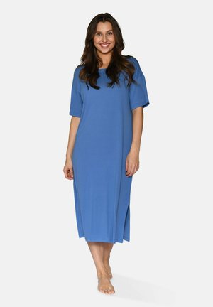Blue knee-length dress with short sleeves, made of textured fabric, featuring side slits for ease of movement and a relaxed fit.