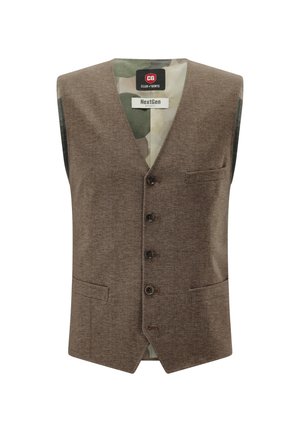 Brown textured men's vest with four buttons, two front pockets, and camouflage-patterned inner lining labeled "NextGen project."