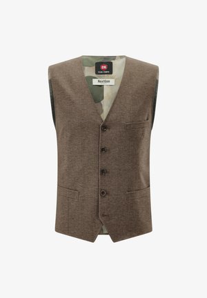 Braune, strukturierte Herrenweste mit vier Knöpfen, zwei Fronttaschen und camouflagegemusterter Innenseite mit der Aufschrift "NextGen project".