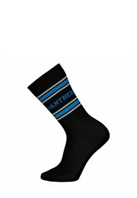 Calza sportiva nera con strisce blu, grigie e bianche e testo "PANTHER" in blu sul polsino. Texture a coste e colori a contrasto.