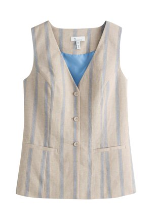 Bezroku bēša veste ar vertikālām zilām svītrām, trīs priekšējiem pogām un divām horizontālām šķēluma kabatām, oderēta ar gaiši zilu audumu.