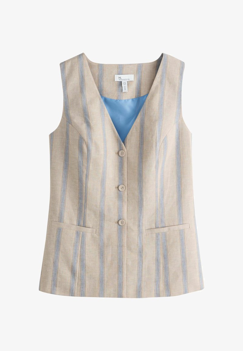 Gilet beige senza maniche con strisce verticali blu, tre bottoni frontali e due tasche orizzontali a fessura, foderato con tessuto azzurro chiaro.