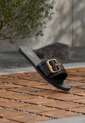 Fekete papucs széles pánttal és nagy arany csattal, egy faszőnyegen pihen zöld növénnyel és szürke fallal a háttérben.