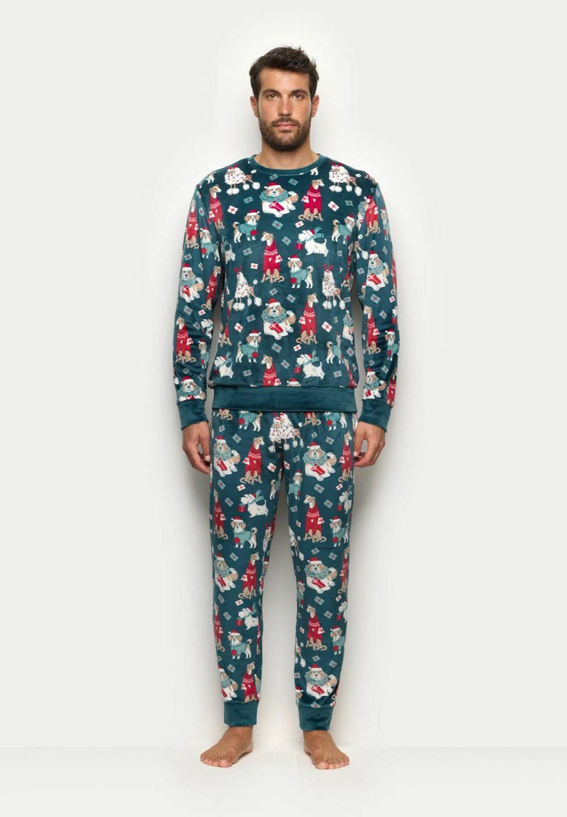 Męski zestaw piżamowy wykonany z ciemnozielonego materiału z wesołym nadrukiem psów w różnych kolorach. Zawiera długie rękawy i spodnie z ściągaczami.
