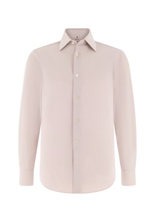 Camicia da uomo a maniche lunghe di colore rosa chiaro, con colletto a punta, chiusura con bottoni sul davanti e polsini abbottonati, esposta su sfondo bianco.