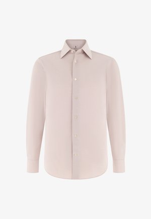 Lichtroze lange mouwen herenoverhemd met puntkraag, knoopsluiting aan de voorkant en knoopmanchetten, weergegeven op een witte achtergrond.