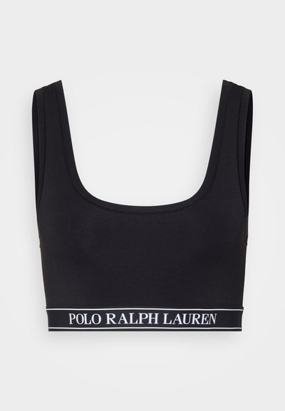 Black ribbed bra top with wide straps and a square neckline. Features a logo band at the bottom with contrasting white text.