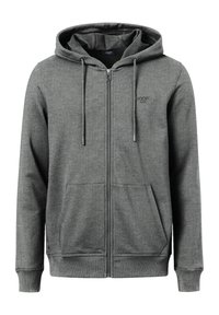Felpa grigia con zip e cappuccio regolabile, tasche frontali e polsini a costine. Presenta un piccolo logo sul petto e una texture del tessuto morbida.