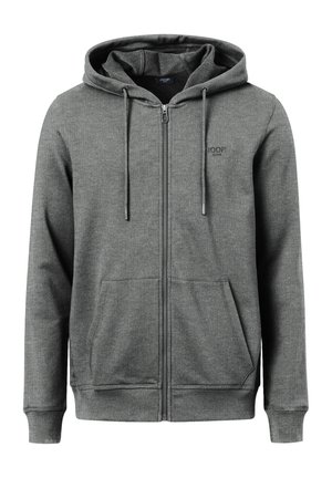 Grau zip-up Kapuzenpullover mit Kordelzugkapuze, Fronttaschen und gerippten Bündchen. Verfügt über ein kleines Logo auf der Brust und eine weiche Stofftextur.