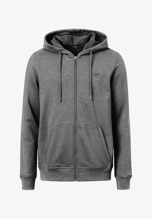 Grau zip-up Kapuzenpullover mit Kordelzugkapuze, Fronttaschen und gerippten Bündchen. Verfügt über ein kleines Logo auf der Brust und eine weiche Stofftextur.