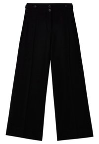 Zwarte wijde broek met hoge taille, dubbele knoopsluiting en subtiele plooien, gemaakt van een gladde stof met een nette afwerking.