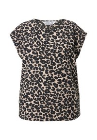 Top a maniche corte con stampa leopardata in beige e nero, realizzato in tessuto leggero, presenta una vestibilità ampia e un colletto rotondo.