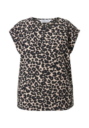 Top a maniche corte con stampa leopardata in beige e nero, realizzato in tessuto leggero, presenta una vestibilità ampia e un colletto rotondo.