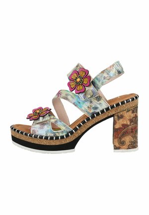 Sandalia de tacón alto para mujer con puntera abierta, tiras multicolor, decoraciones florales rosas, suela de corcho y tacón ancho con estampado.