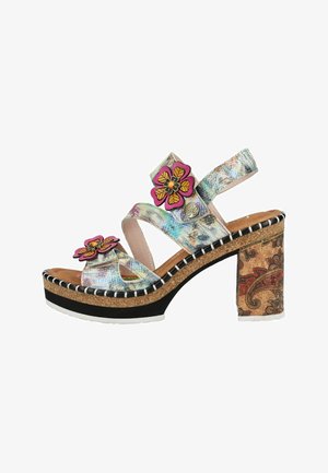 Sandalia de tacón alto para mujer con puntera abierta, tiras multicolor, decoraciones florales rosas, suela de corcho y tacón ancho con estampado.
