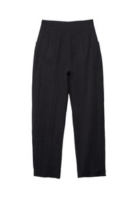 Schwarze, hochtaillierte Hosen mit weitem Bein, geradem Schnitt und ohne sichtbare Taschen oder Verzierungen vor weißem Hintergrund.